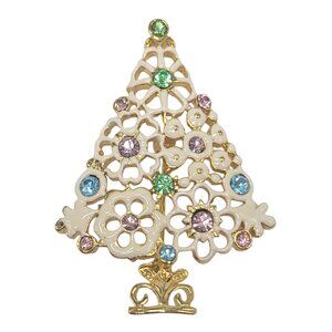 Gold-Tone Christmas Tree Brooch With White Enamel and  Rhinestones Accents